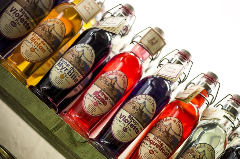 bottles of different flavored syrups