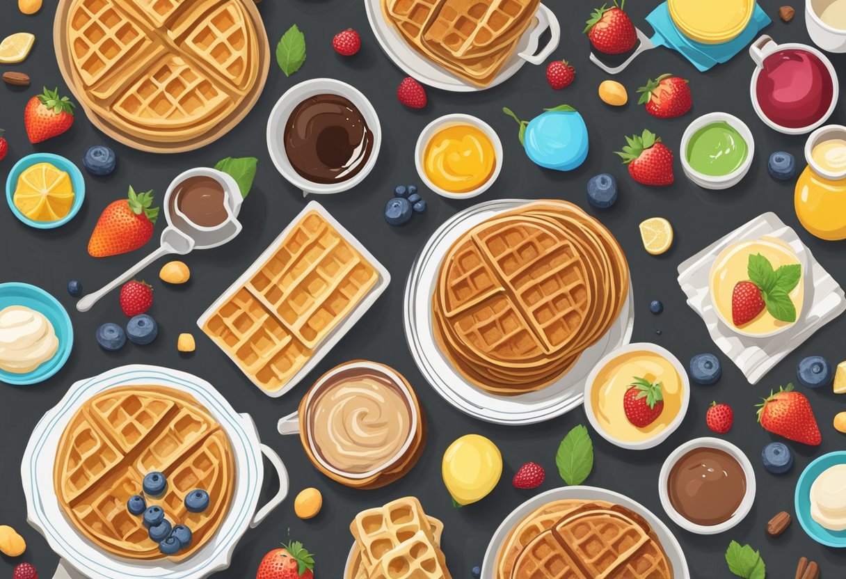 A colorful array of waffles, pancakes, and various ingredients spread out on a kitchen counter, with a chalkboard in the background listing fun trivia facts about these breakfast favorites