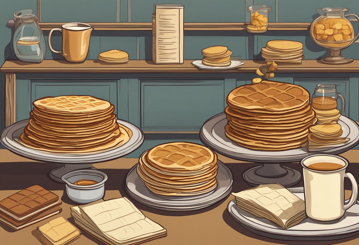A table with a stack of waffles and pancakes, surrounded by historical artifacts and trivia books. A timeline on the wall shows the evolution of waffles and pancakes
