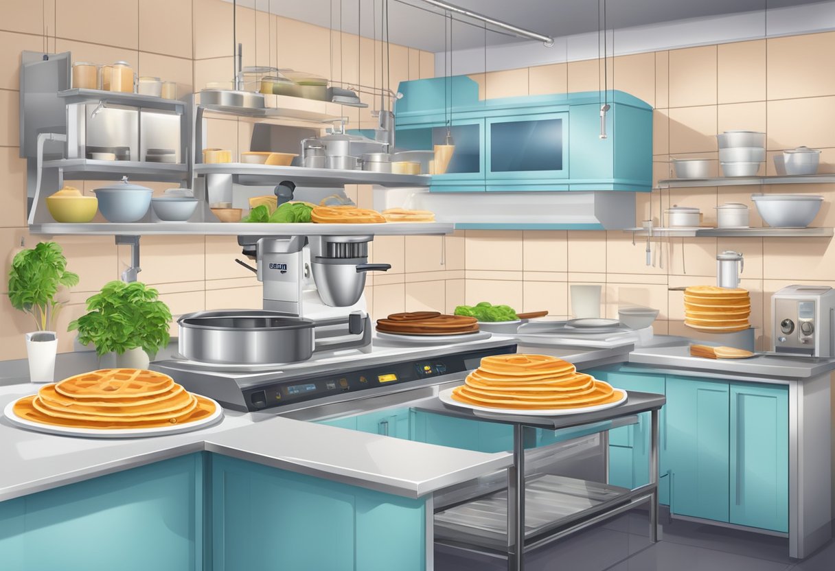 A modern kitchen with advanced waffle and pancake making machines. Trivia facts about waffles and pancakes displayed on a digital screen