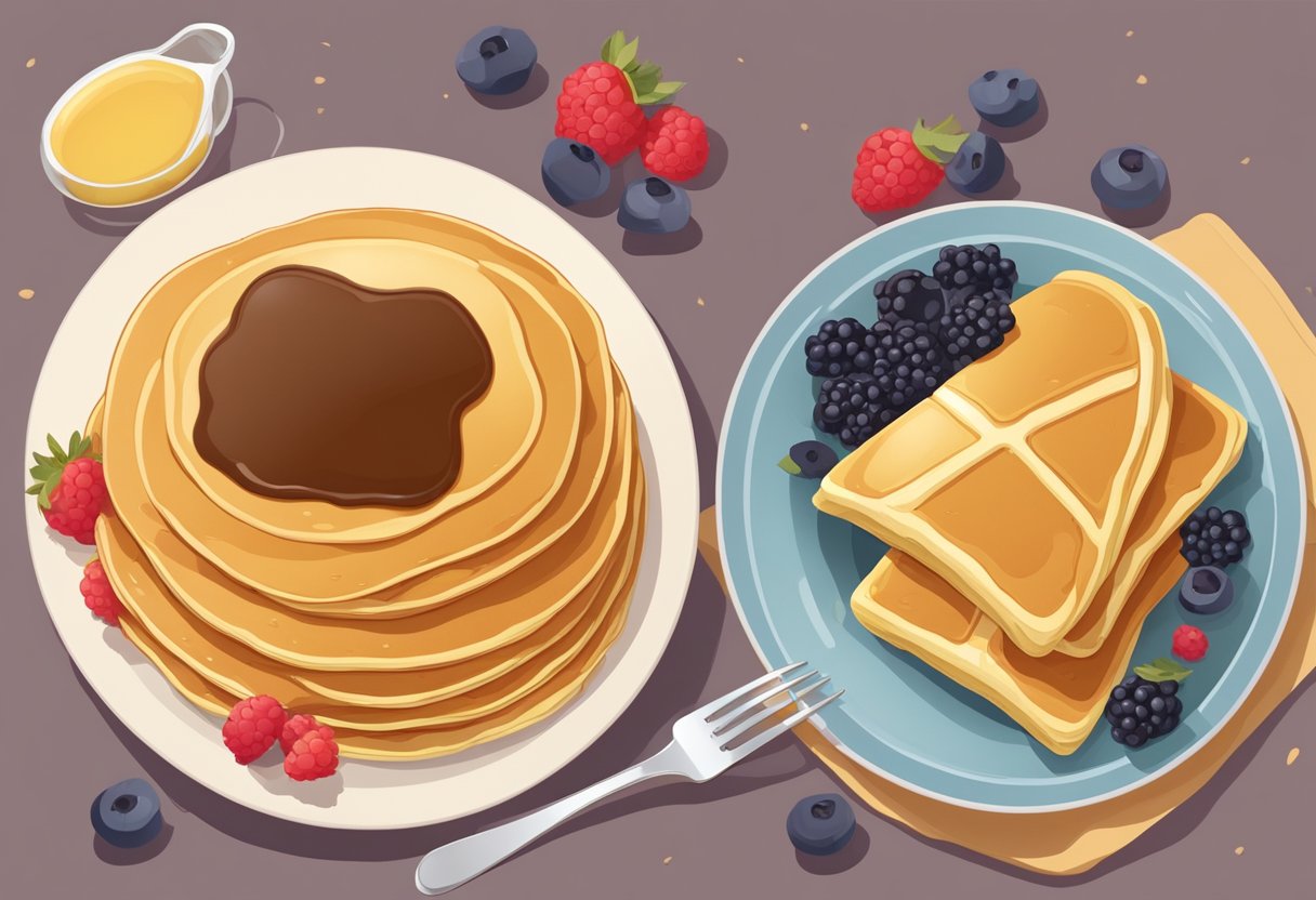 A table set with a stack of golden pancakes, a bottle of syrup, and a plate of fresh berries. A cross or religious symbol nearby to represent the connection between Pancake Day and religious traditions