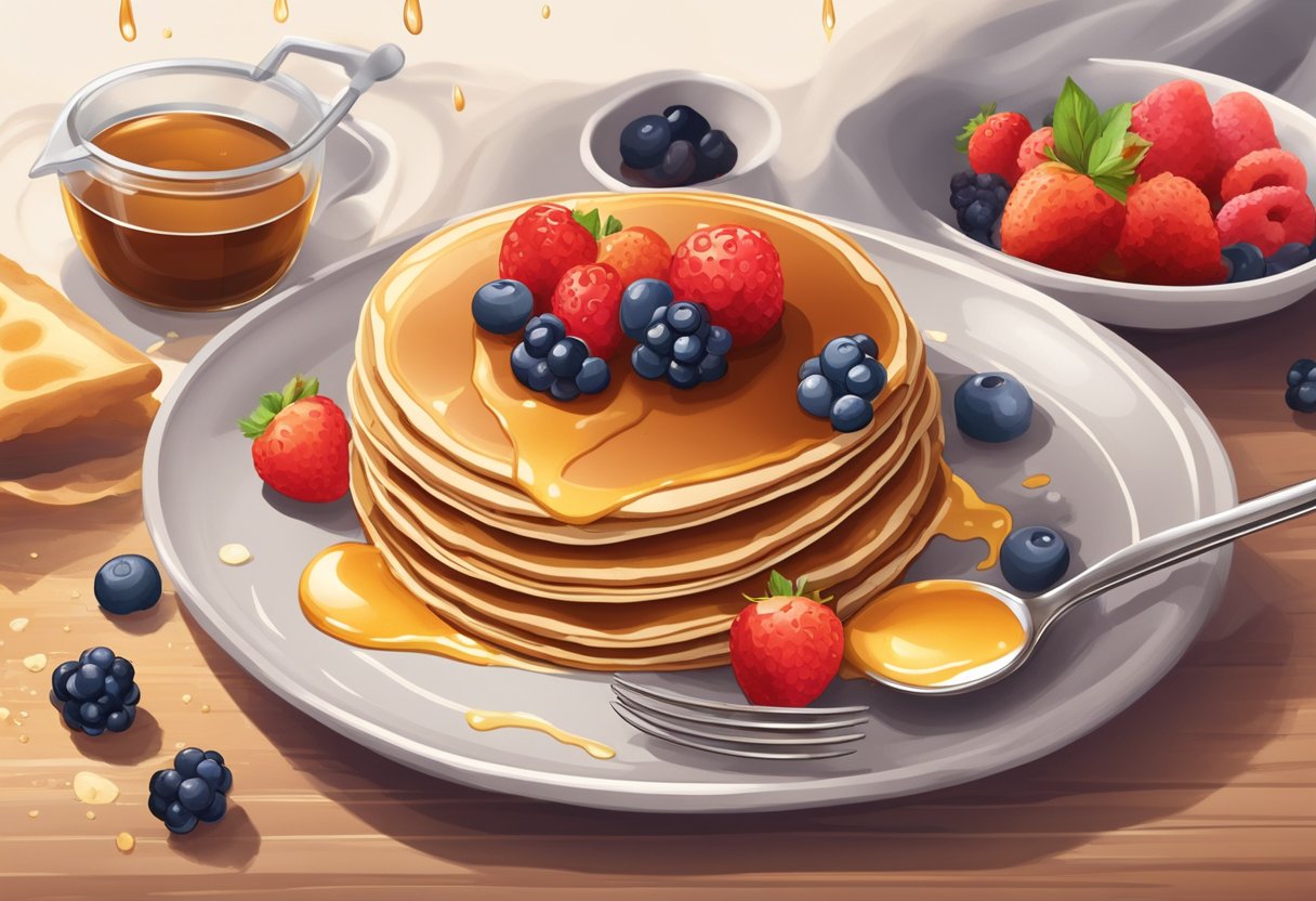 A sizzling pancake flips in the air, golden brown and fluffy. Batter drips from a spoon, mixing bowl and whisk sit nearby. Syrup and berries wait on the table