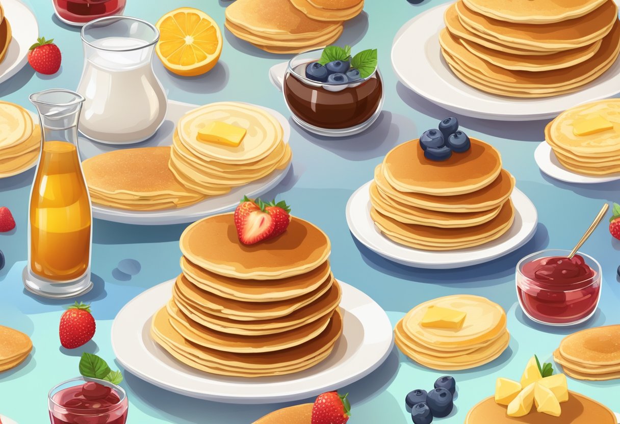 A table with an assortment of pancakes in different shapes, sizes, and toppings. A stack of pancakes with syrup dripping down, a plate of thin crepes, and a fluffy buttermilk pancake with fruit on top