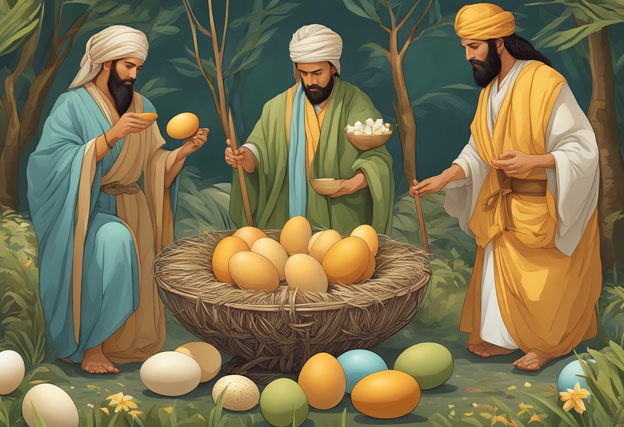Ancient people gather and decorate eggs, using them in rituals and as symbols of fertility and rebirth