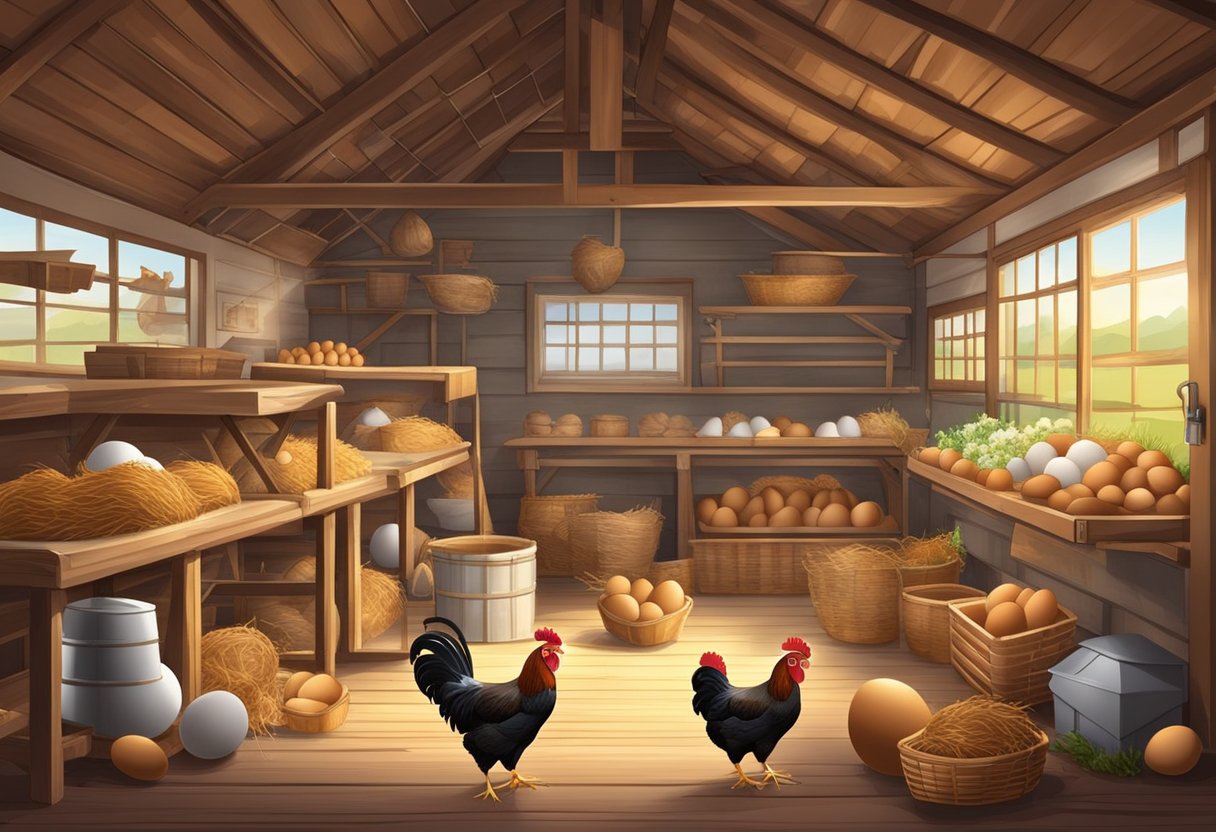 A chicken coop with various egg farming tools, from traditional baskets to modern machinery, surrounded by images of eggs in popular culture