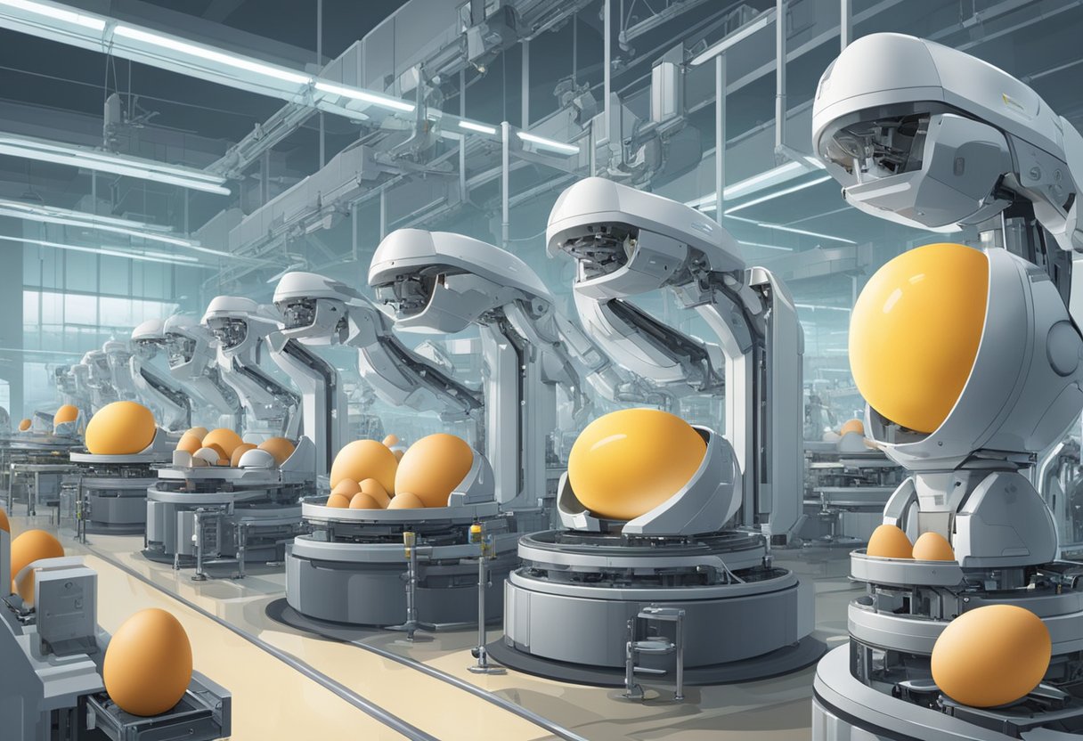 Robotic arms assemble eggs in a futuristic factory. Screens display egg-related historical events. The scene showcases technological advancements in egg production and the cultural significance of eggs