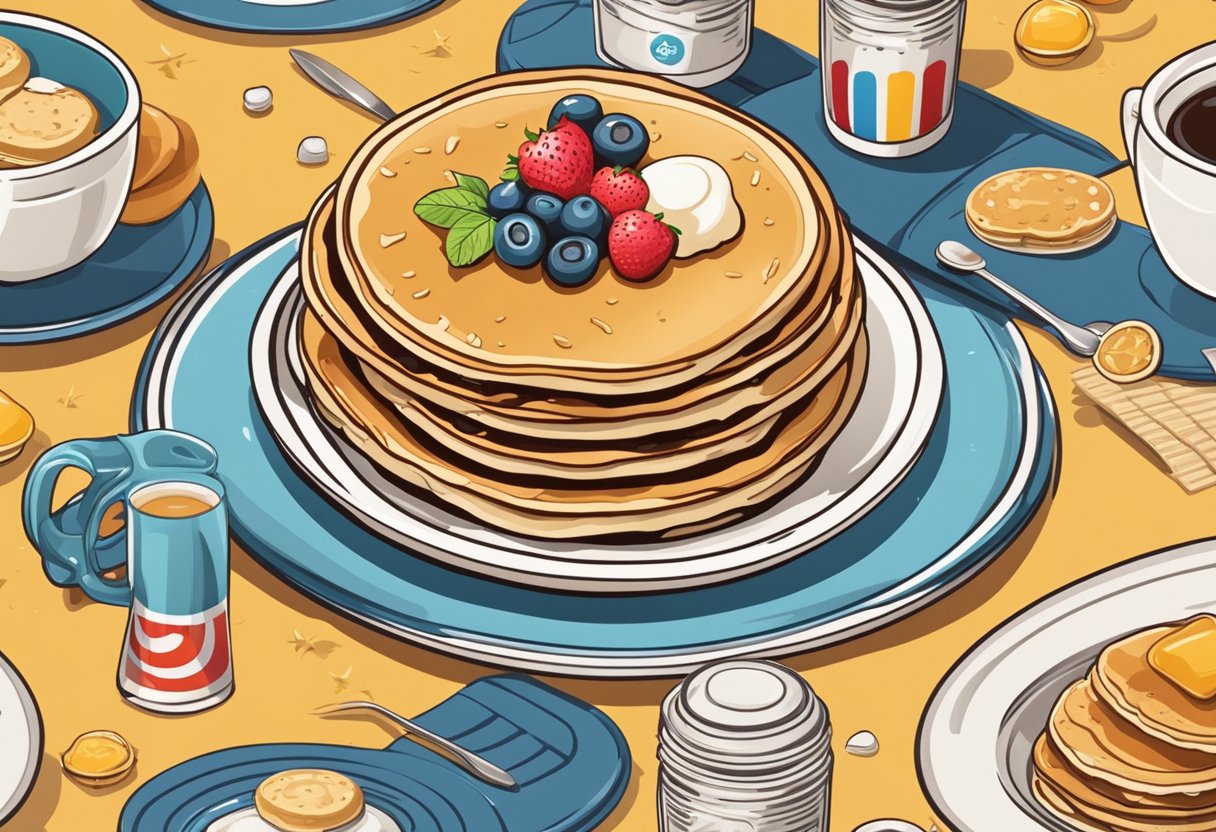 A stack of pancakes with a bold slogan on a plate, surrounded by various advertising icons and symbols