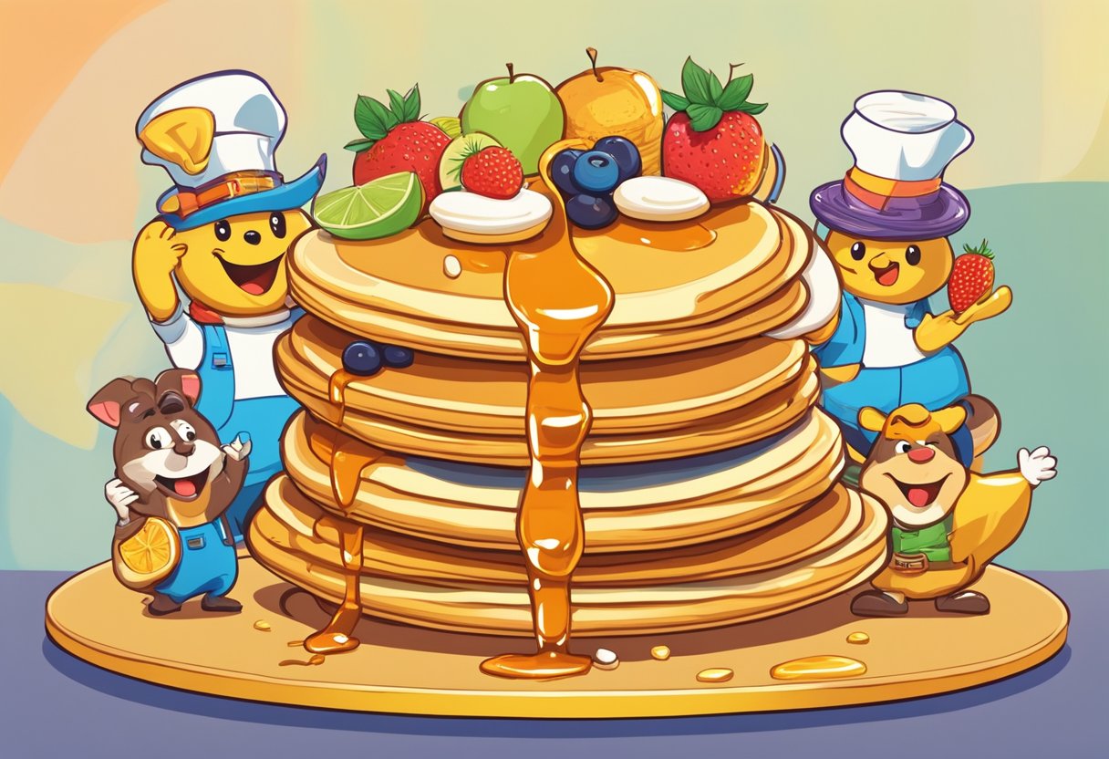A stack of golden pancakes topped with syrup and fruit, surrounded by cheerful cartoon characters and catchy slogans. Bright colors and happy faces convey a sense of joy and indulgence