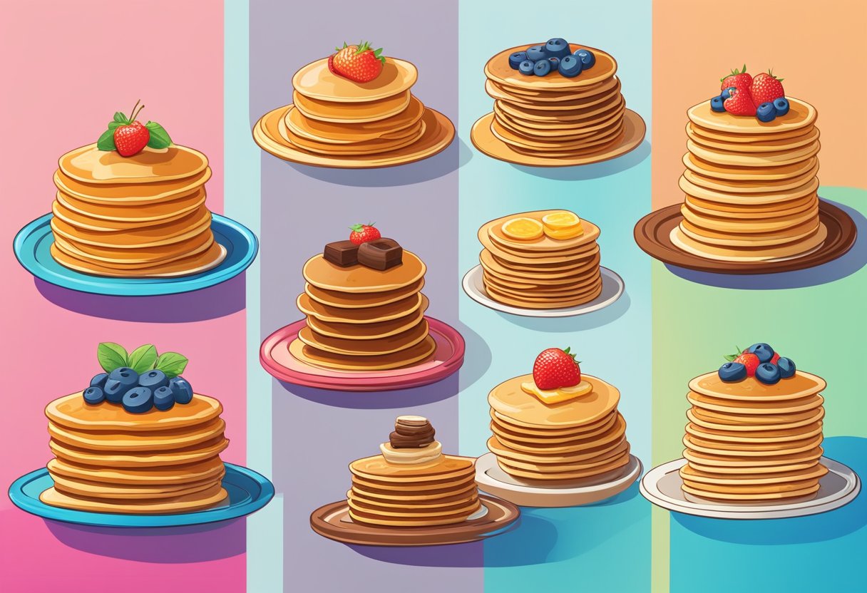 A stack of pancakes with various brand logos and taglines displayed around them in a colorful and appetizing setting