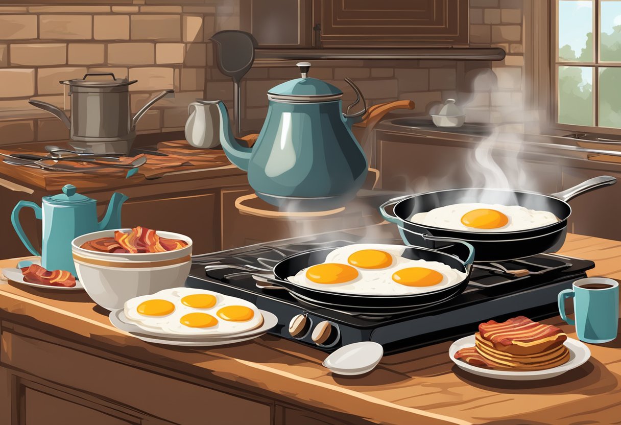 A sizzling pan with bacon and eggs cooking, a vintage coffee pot steaming in the background, and a rustic kitchen table set for a classic American breakfast