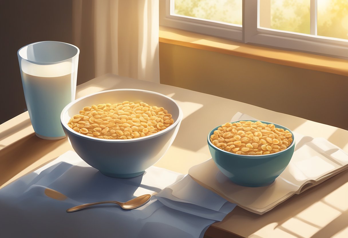 A table set with a bowl of cereal, a carton of milk, and a spoon. Sunlight streaming in through a window, casting a warm glow on the scene