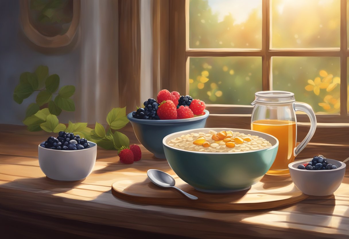 A steaming bowl of oatmeal sits on a rustic wooden table, surrounded by a scattering of fresh berries and a drizzle of honey. A soft morning light filters through a nearby window, casting a warm glow over the wholesome breakfast scene