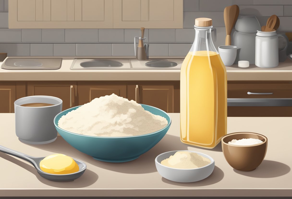 A bowl of flour, eggs, milk, and butter sits on a kitchen counter. A bottle of maple syrup and a whisk are nearby