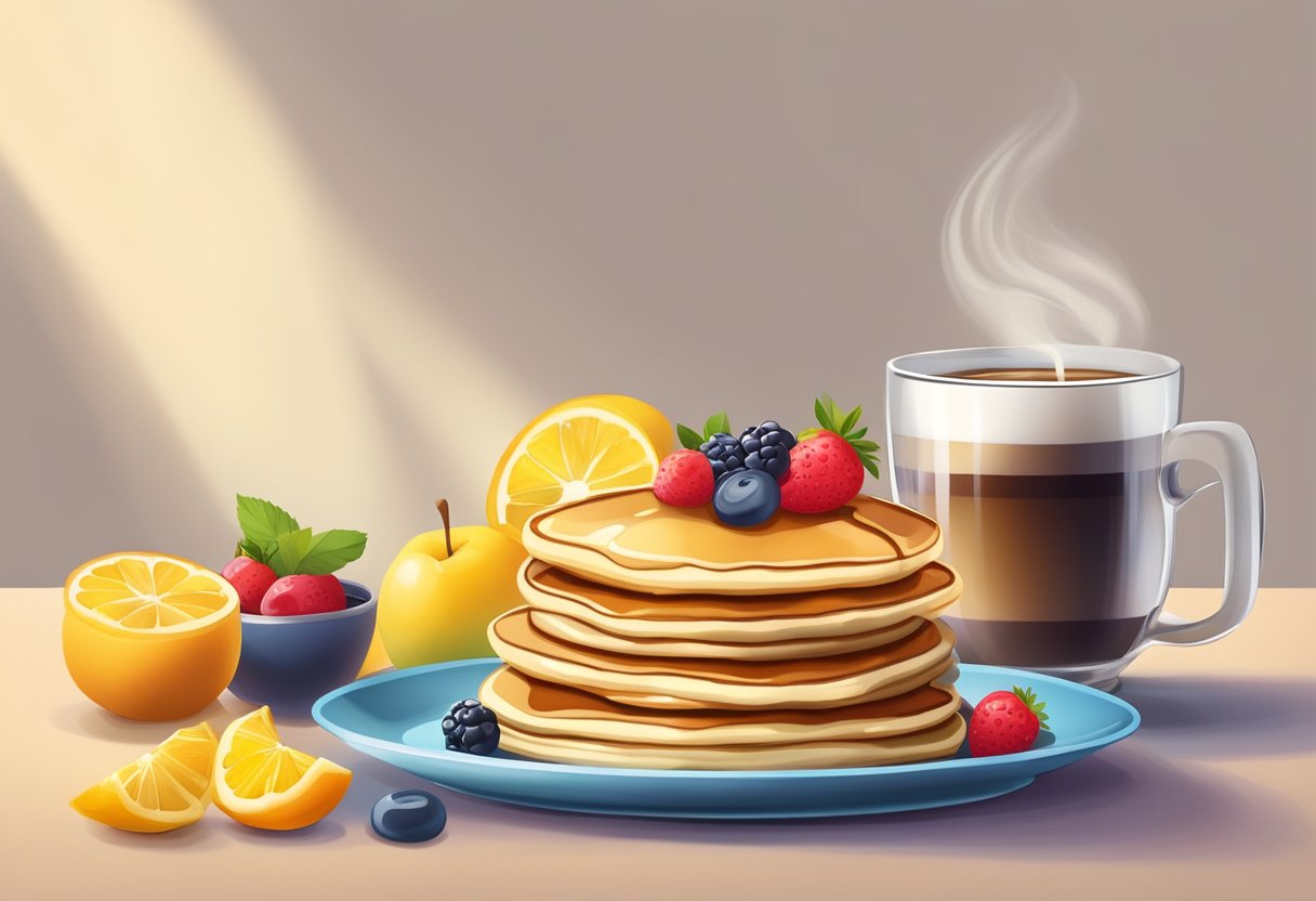 A stack of fluffy pancakes topped with syrup and butter, surrounded by a colorful assortment of fresh fruits and a steaming cup of coffee