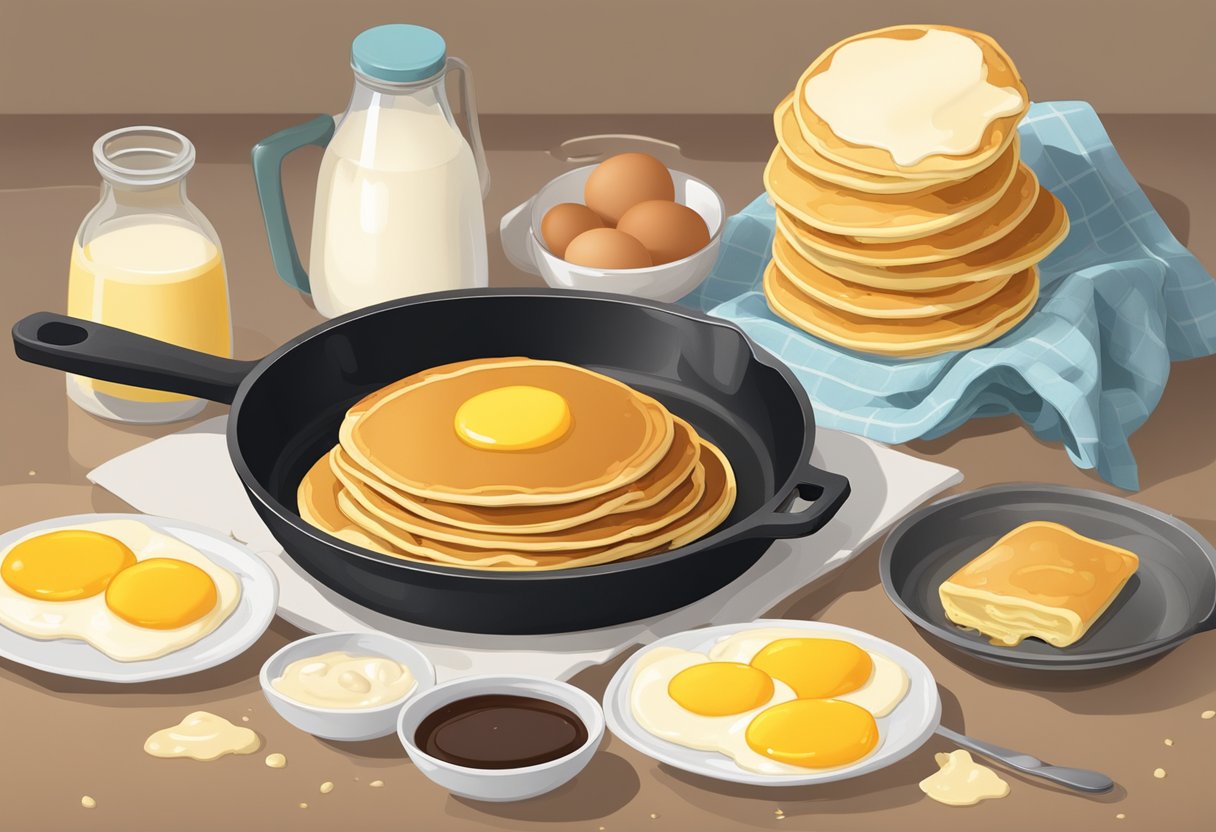 A sizzling pancake flips in a hot skillet, surrounded by bowls of batter, eggs, and milk. A stack of golden pancakes sits on a plate, topped with a pat of melting butter and a drizzle of syrup
