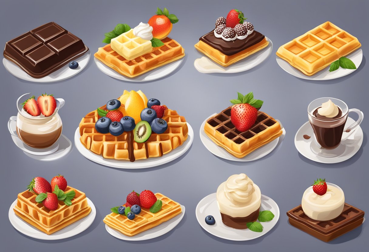 A variety of waffles topped with unique and indulgent ingredients from around the world, such as exotic fruits, rich chocolate, and creamy sauces