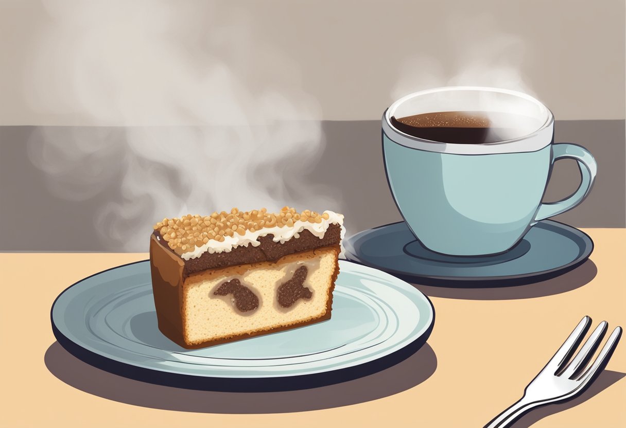 A slice of coffee cake sits on a plate next to a steaming cup of coffee, with a fork resting on the side