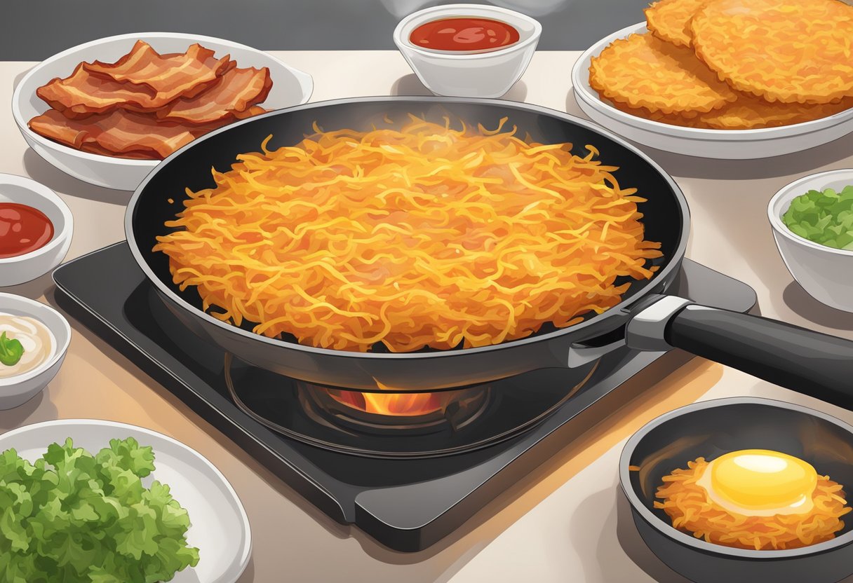 A plate of golden hash browns sizzling on a hot skillet, steam rising, with a side of crispy bacon and a dollop of ketchup