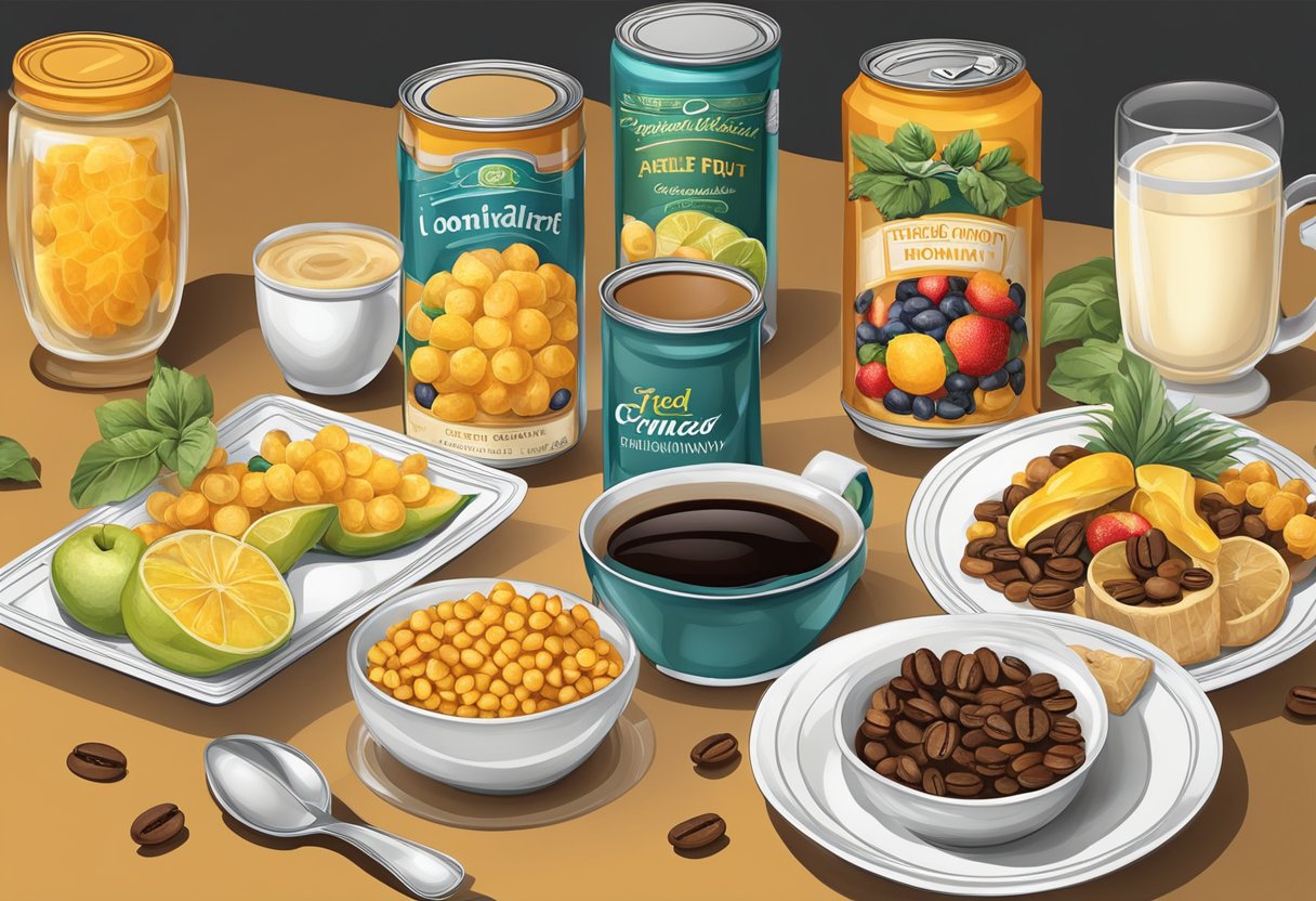 A table set with canned fruit, fried hominy, and coffee