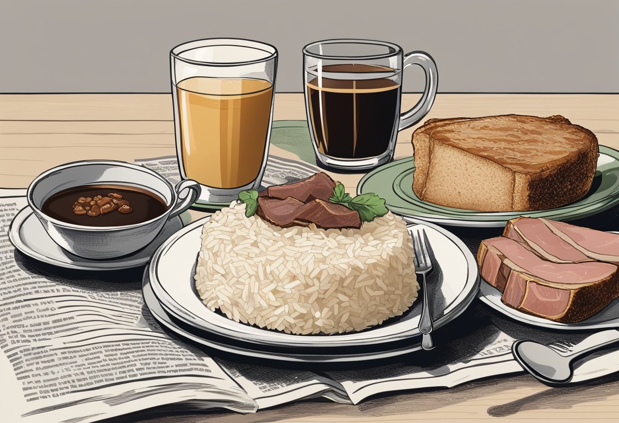 A table set with a plate of rice, cold meat, and jellied veal, alongside a cup of coffee. A newspaper sits nearby, capturing the essence of a 1900s American breakfast
