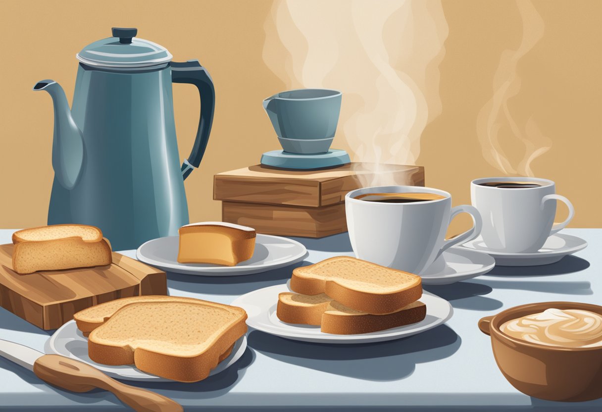 A table set with toast, coffee, and a box of Bisquick. A vintage coffee pot steams in the background