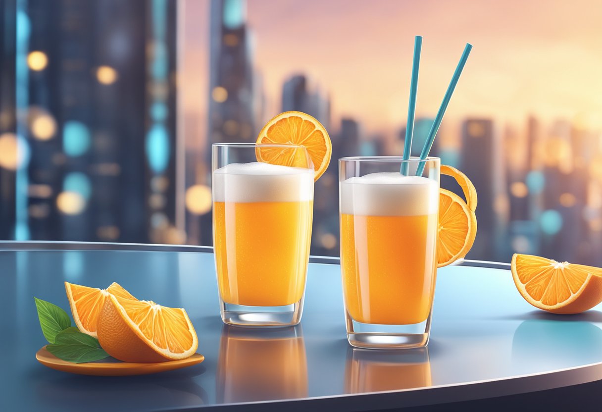 A glass of frothy orange Tang sits on a futuristic-looking table