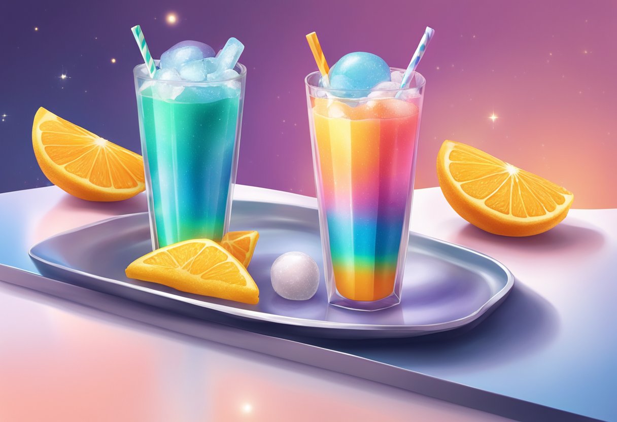 A tang ice pop and a tang space age drink on a futuristic table