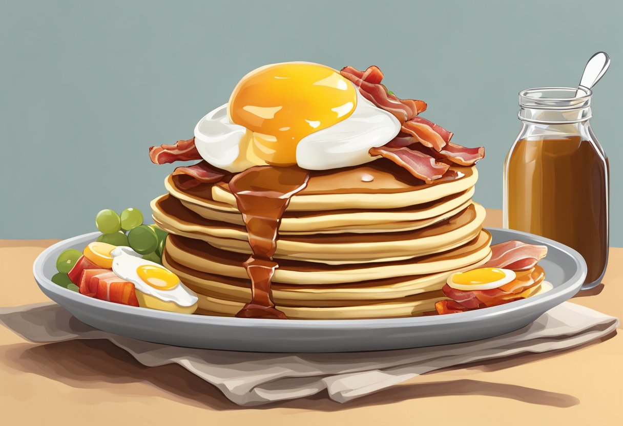 A stack of pancakes topped with bacon, eggs, and cheese, while others have maple syrup, whipped cream, and fruit