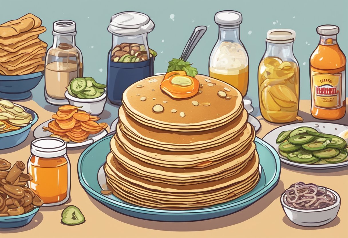 A stack of fluffy pancakes topped with a variety of controversial toppings like pickles, anchovies, and hot sauce, surrounded by a debate among tiny animated food characters