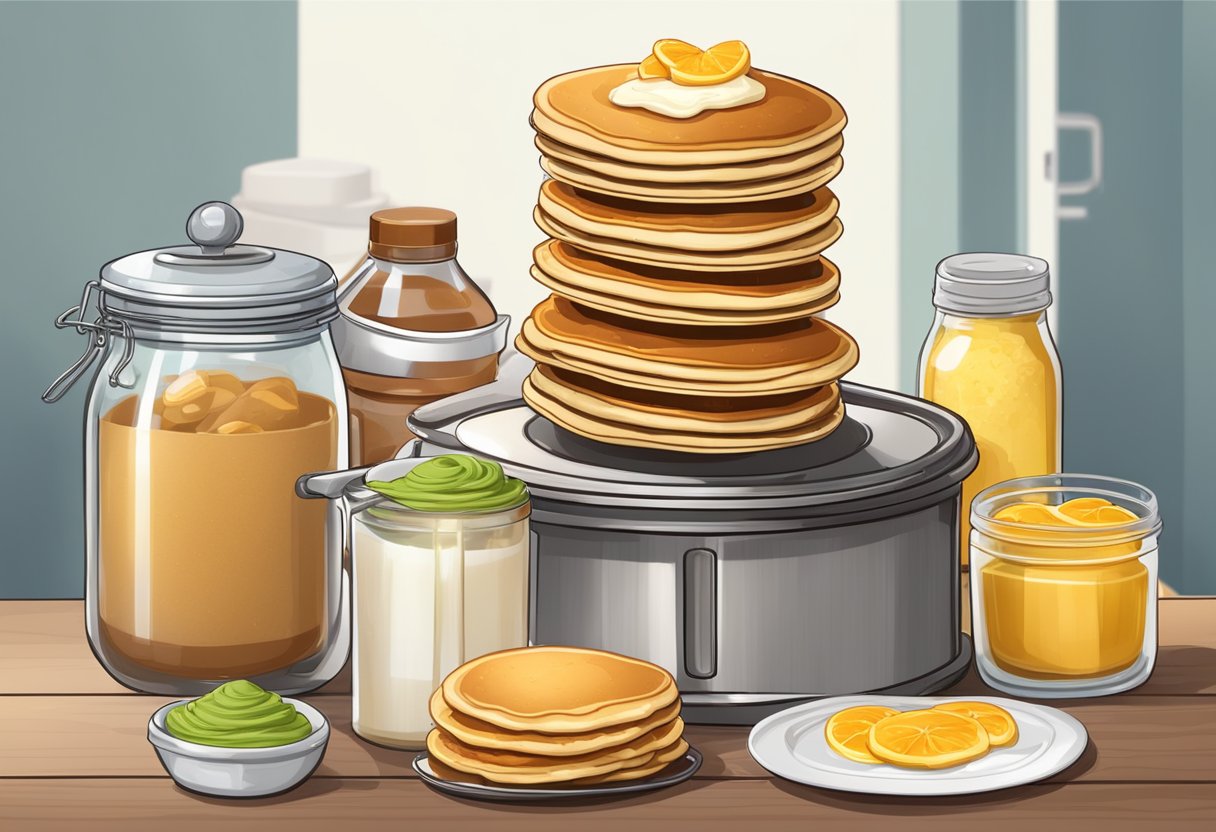 A stack of pancakes being prepared with various toppings and a donation jar for charity