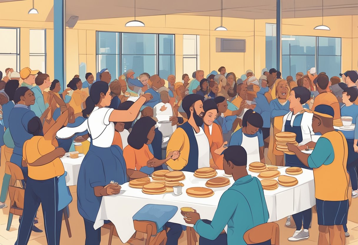 Pancake flipping at a charity event, tickets being sold, and a crowd enjoying breakfast