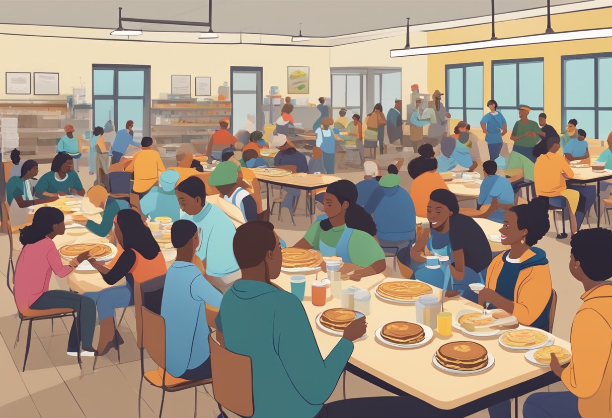 A crowded community center with tables lined up, volunteers serving stacks of pancakes, and people enjoying breakfast while chatting and laughing