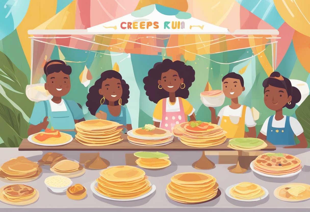 Colorful crepes being served at a cultural celebration, with various toppings and fillings on display. A banner reads "Crepes Trivia: Fun Facts You Didn't Know About Pancakes."