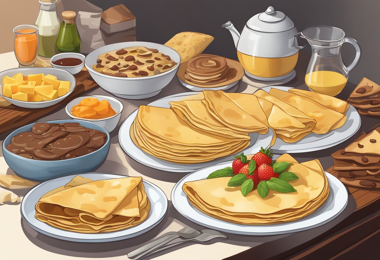 A table set with a variety of crepes, including sweet and savory fillings. Ingredients like fruits, cheese, and chocolate are scattered around. A chef's hat and apron are hung nearby