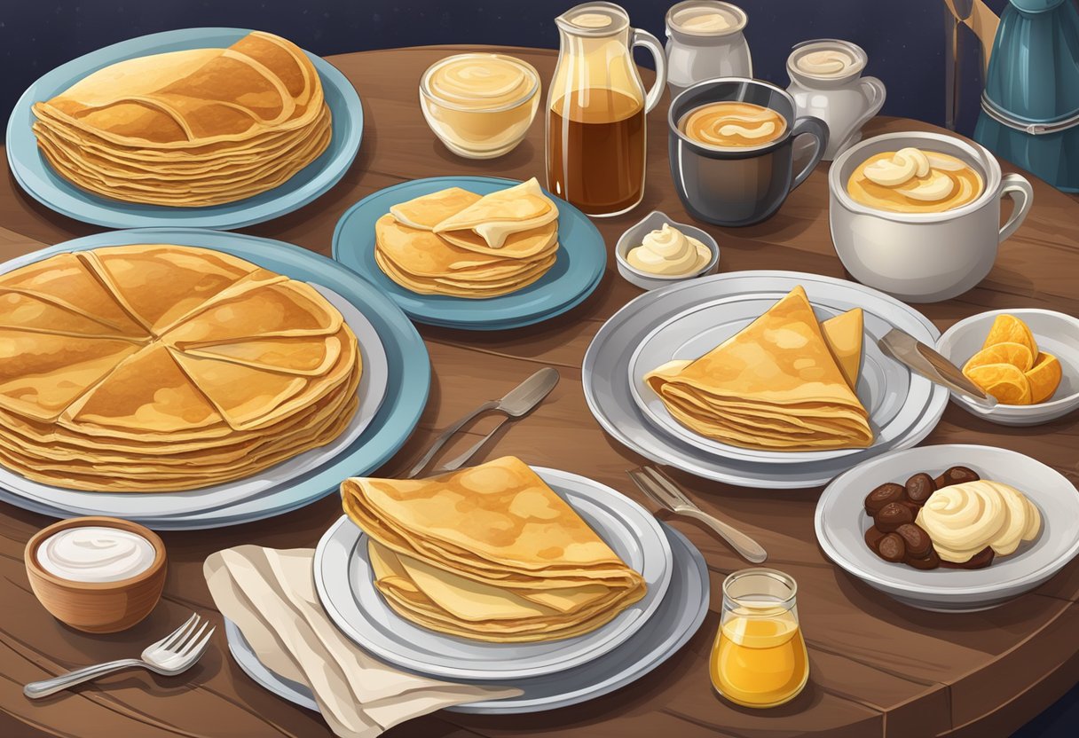 A table set with a variety of crepes, accompanied by historical artifacts and trivia about pancakes