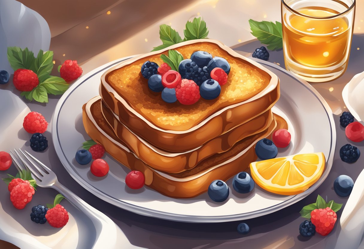 A table set with a plate of golden brown French toast, adorned with berries and a drizzle of syrup. A festive atmosphere with colorful decorations and a sense of celebration