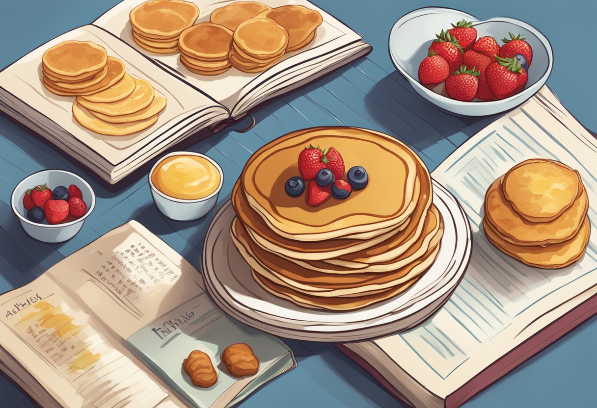 A table displays an array of pancake varieties and ingredients, while a book titled "French Toast Trivia" sits nearby