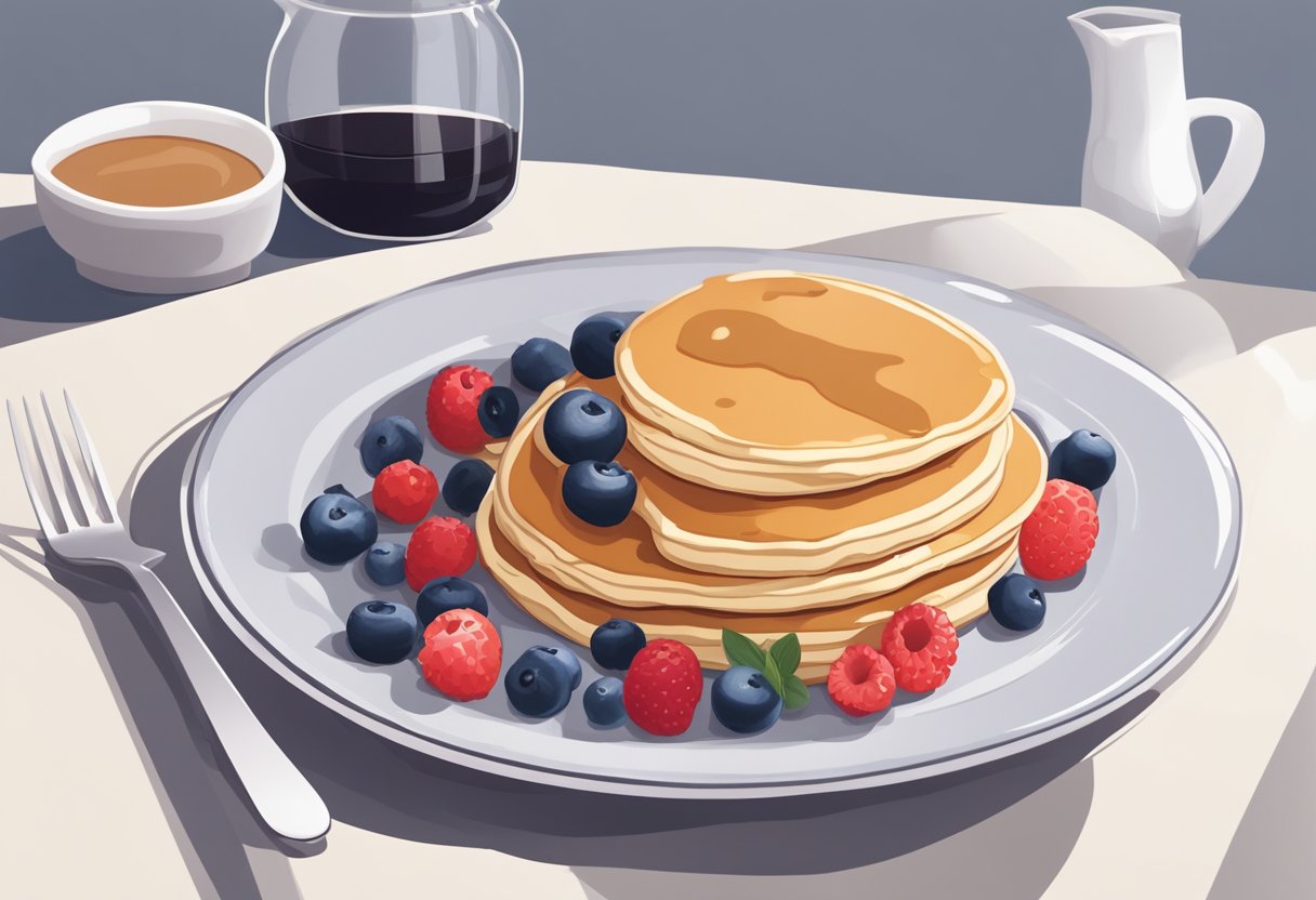 A plate of fluffy pancakes topped with fresh berries and drizzled with syrup sits on a modern, minimalist table setting. A French toast trivia book is open nearby, adding a playful touch to the scene