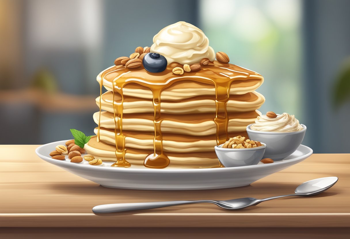 A stack of fluffy pancakes topped with a generous scoop of creamy vanilla ice cream, drizzled with warm maple syrup and sprinkled with crushed nuts