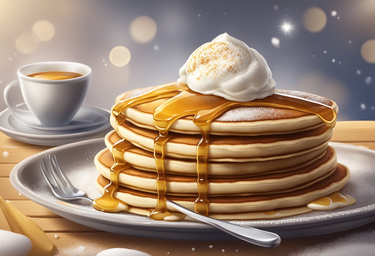 A stack of golden pancakes topped with a scoop of creamy vanilla ice cream, drizzled with warm maple syrup and sprinkled with powdered sugar