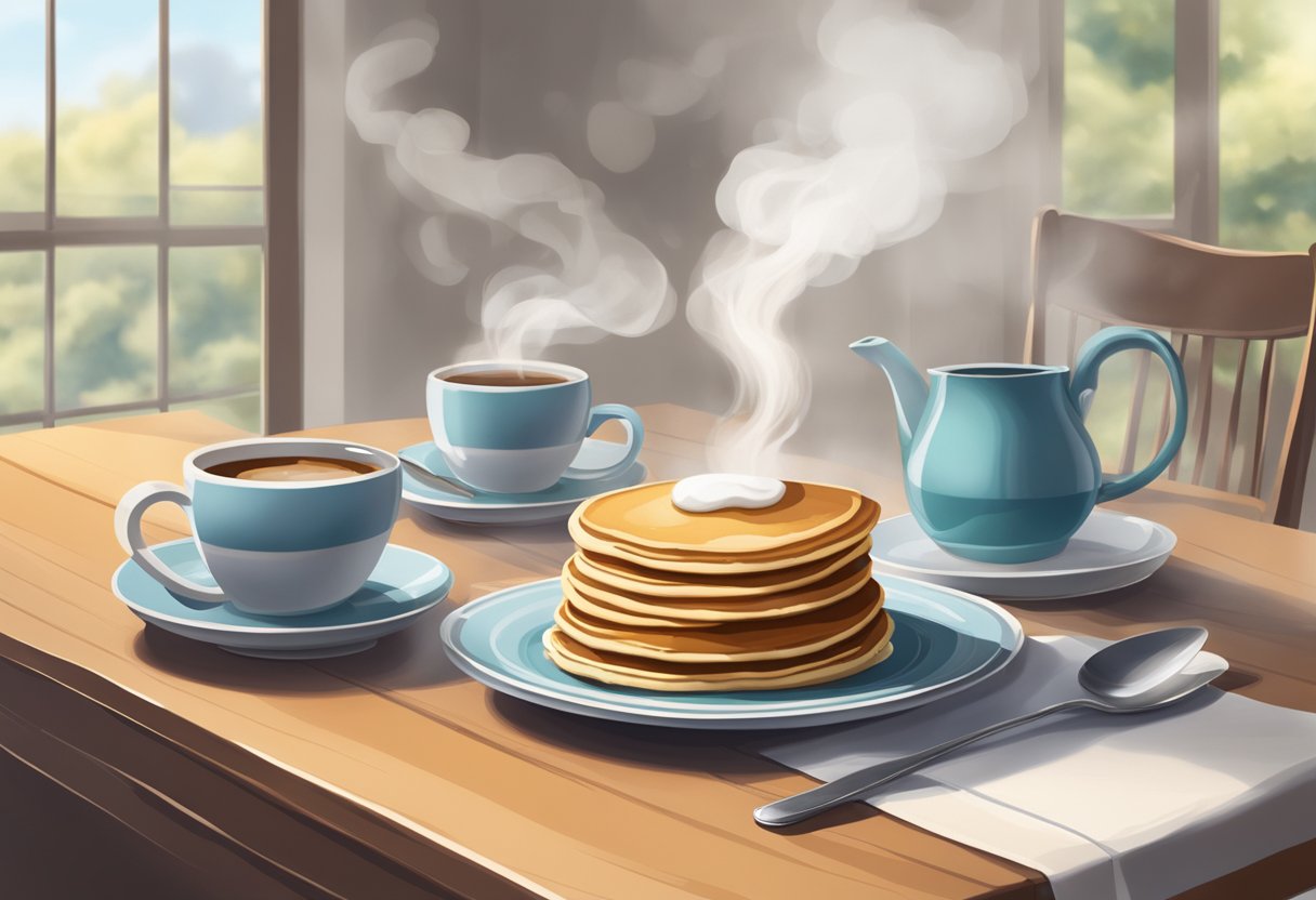 A steaming stack of pancakes sits next to a cup of coffee or tea, with steam rising from both. The table is set with a simple, elegant place setting, creating an inviting and cozy atmosphere