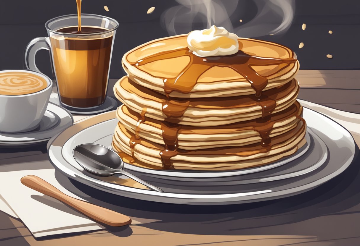 A stack of fluffy pancakes sits next to a steaming cup of coffee, with a side of syrup and a dollop of whipped cream, creating a perfect breakfast pairing