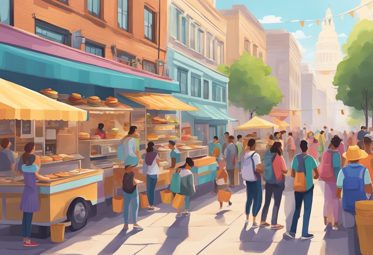 A bustling street filled with colorful food trucks and pop-up shops serving up delicious pancakes. Customers line up eagerly as the scent of freshly cooked batter fills the air