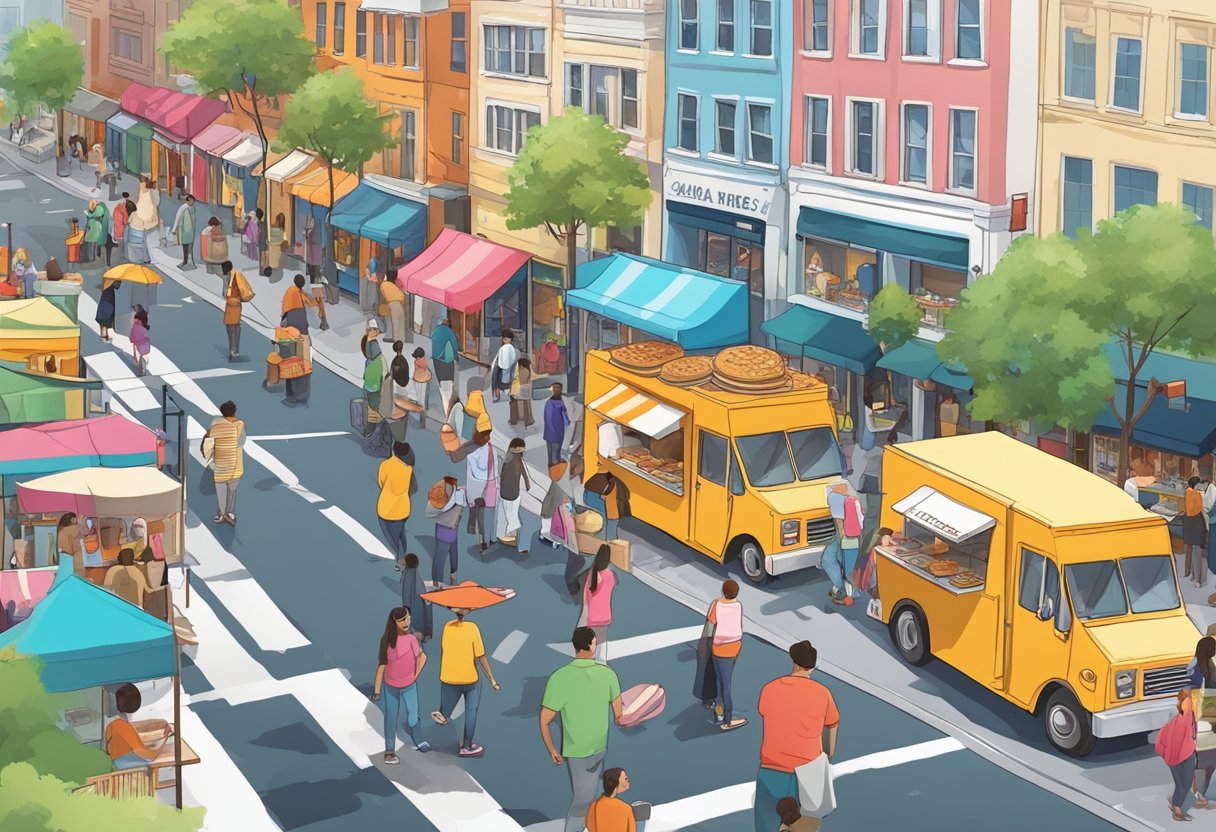 A bustling city street with colorful pancake food trucks and pop-up shops lining the sidewalk, serving eager customers