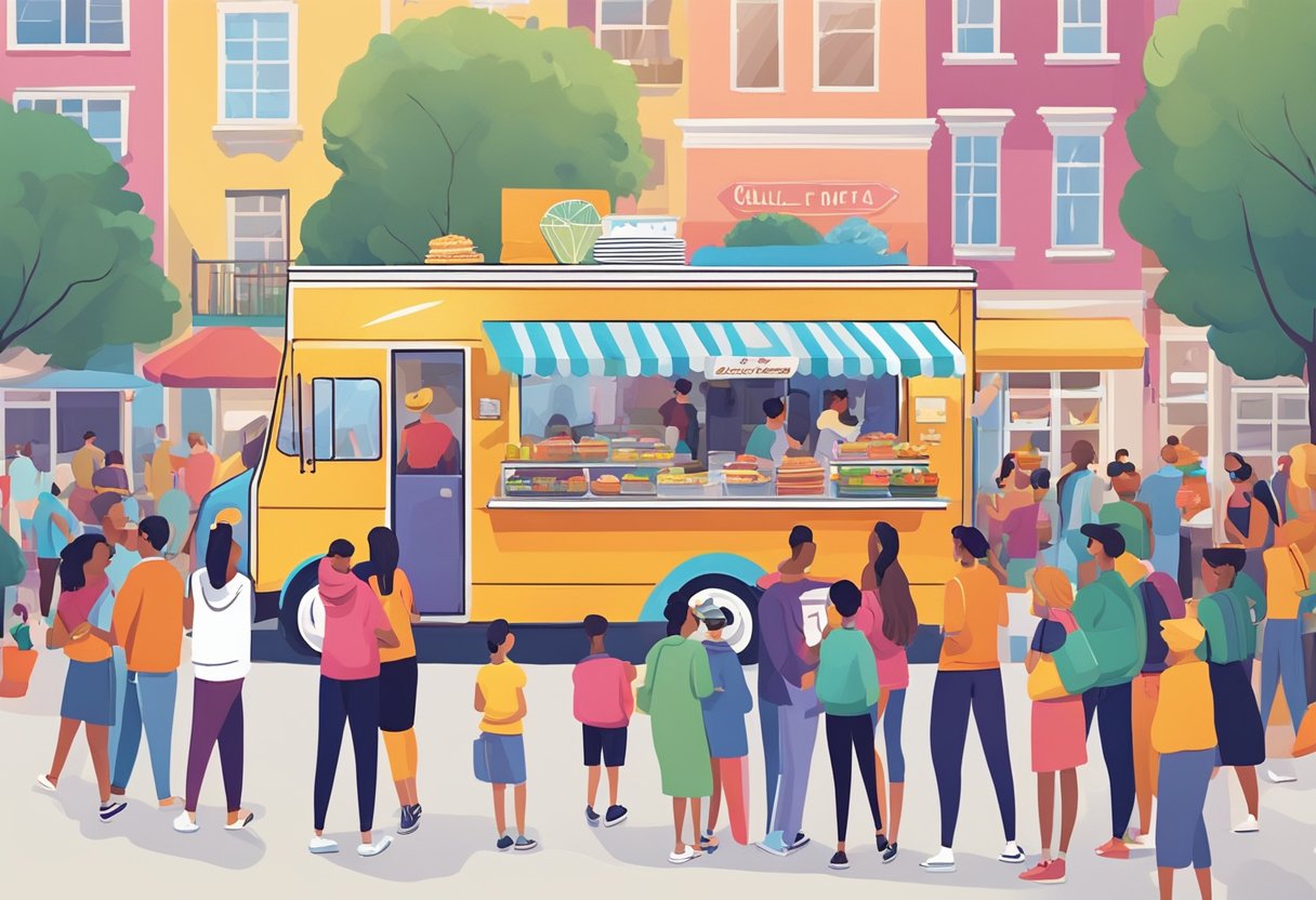 A colorful food truck surrounded by a crowd, serving up unique pancake creations. A vibrant pop-up shop with trendy decor and a line of customers eager to try the latest pancake innovations