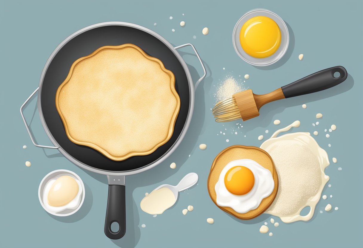A mixing bowl with flour, eggs, and milk. A whisk and spatula nearby. A sizzling griddle with golden pancakes flipping