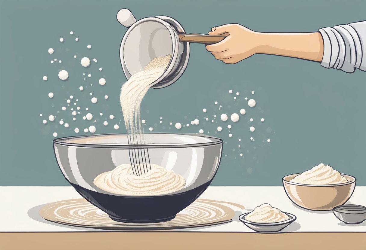 A hand pours buttermilk into a bowl of flour. A whisk stirs the mixture until smooth. Bubbles form as baking powder is added