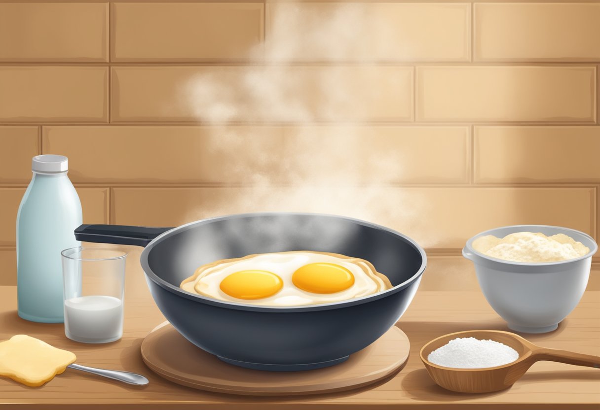 A mixing bowl with flour, eggs, and milk. A whisk blending the ingredients. A sizzling griddle with golden pancakes cooking
