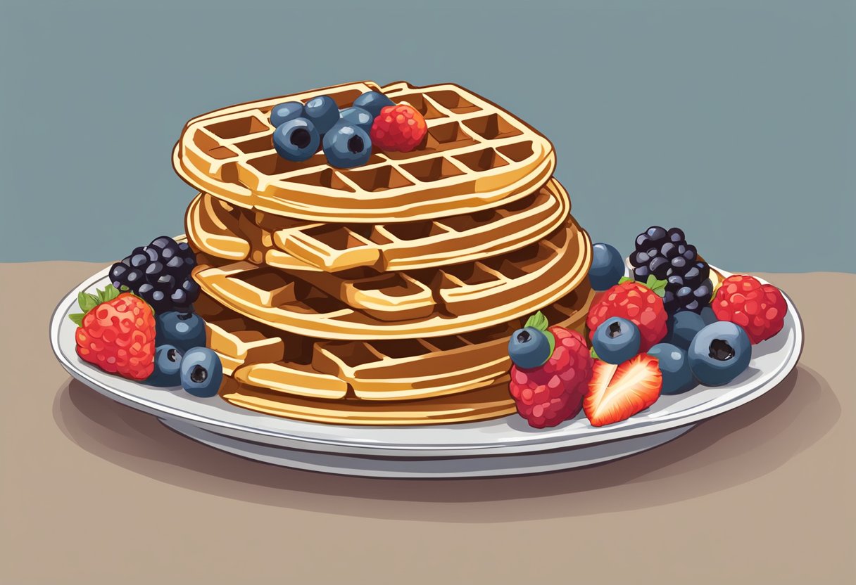 A stack of golden, crispy waffles sits on a plate, surrounded by fresh berries and a drizzle of maple syrup, showcasing the evolution of waffles as a beloved breakfast item in America