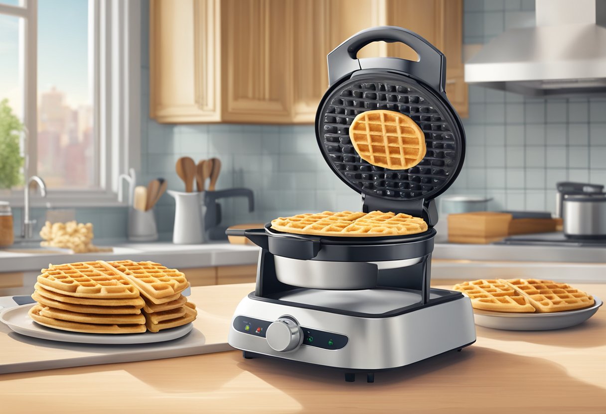 A modern waffle maker sits on a kitchen counter, steam rising from the golden, crispy waffles it produces. A vintage waffle iron sits nearby, showcasing the evolution of waffle-making technology